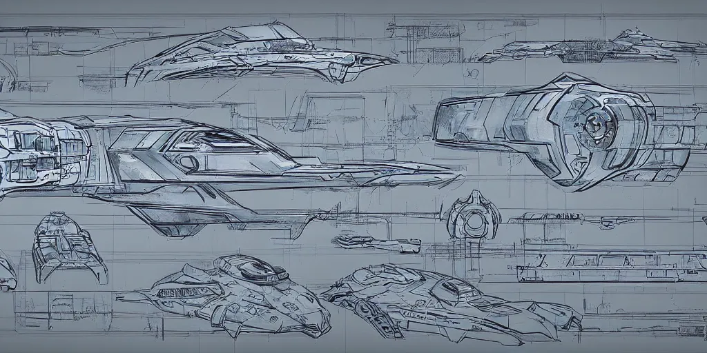 Image similar to high tech sci fi spaceship concept art blueprint drawings