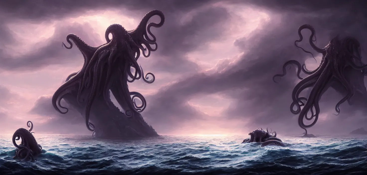 Prompt: mysterious monster cthulhu in the sea, huge tentacles sticking out of the water, landscape, cinematic view, epic sky, detailed, concept art, low angle, high detail, warm lighting, volumetric, godrays, vivid, beautiful, trending on artstation, by jordan grimmer, huge scene, grass, art greg rutkowski