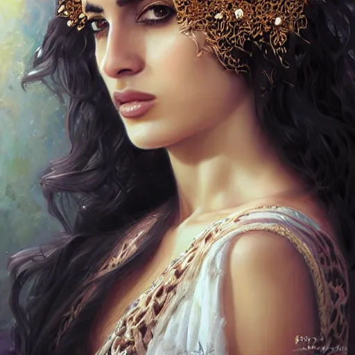 Image similar to Portrait of a Arabic Supermodel wearing a floral crown, porcelain skin, angry look, long dark hair, beautiful bone structure, shiny gold background, intricate, elegant, highly detailed, digital painting, artstation, concept art, smooth, sharp focus, illustration, art by artgerm and greg rutkowski and alphonse mucha