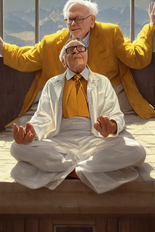 Image similar to warren buffet godly clothes meditating in the sun, yellow lighting ultra realistic photorealistic highly detailed high quality, a stunningly, digital painting, artstation, concept art, smooth, sharp focus, illustration, art by artgerm and greg rutkowski and alphonse mucha 8 k