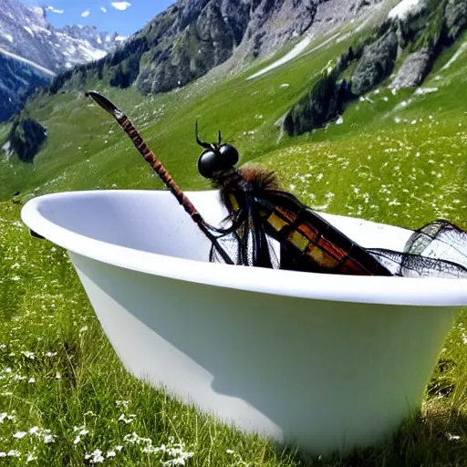 Image similar to dragonfly in a bathtub in the alps, goats!!!!!!!! in background