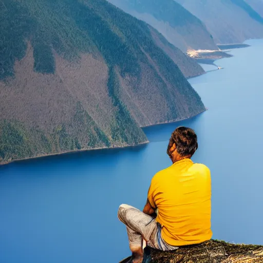 Image similar to man sitting on top peak mountain cliff looking at tsunami