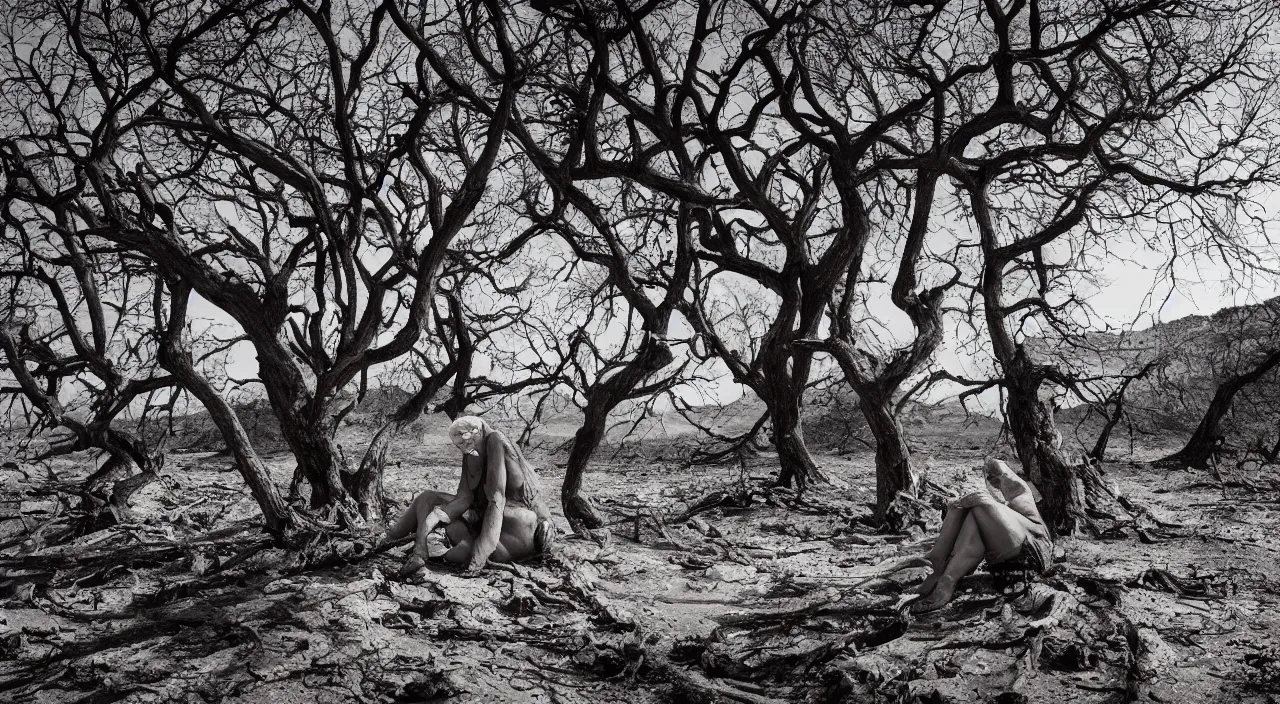 Image similar to medium shot of a 65-year-old Gaia, crying one single tear, facing the camera and sitting on a dried up river in a desolate land, dead trees, blue sky, hot and sunny, highly-detailed, elegant, dramatic lighting, artstation, 4k, cinematic landscape, photograph by Elisabeth Gadd