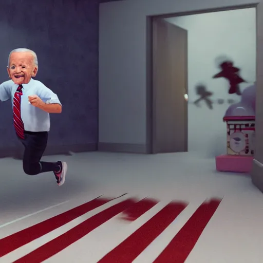 Prompt: joe biden chasing a child in the backrooms level 0, hyper - realistic, 4 k, octane - render, realistic.