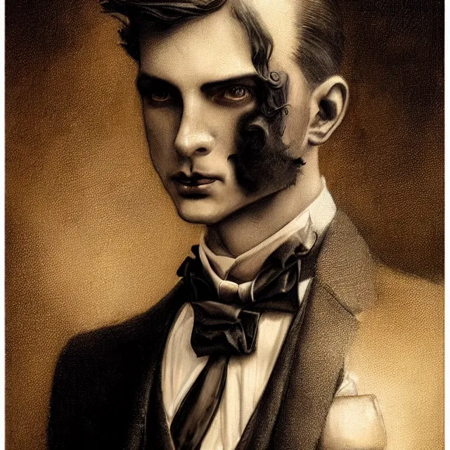 Image similar to photorealistic sepia full - head portrait of a 1 9 2 0 s era smirking male occultist, well dressed, long - tailed tuxedo coat, atmospheric lighting, dark, brooding, painted, intricate by tom bagshaw, ultra detailed, well composed, best on artstation, cgsociety, epic, stunning, gorgeous, intricate detail, much wow, masterpiece