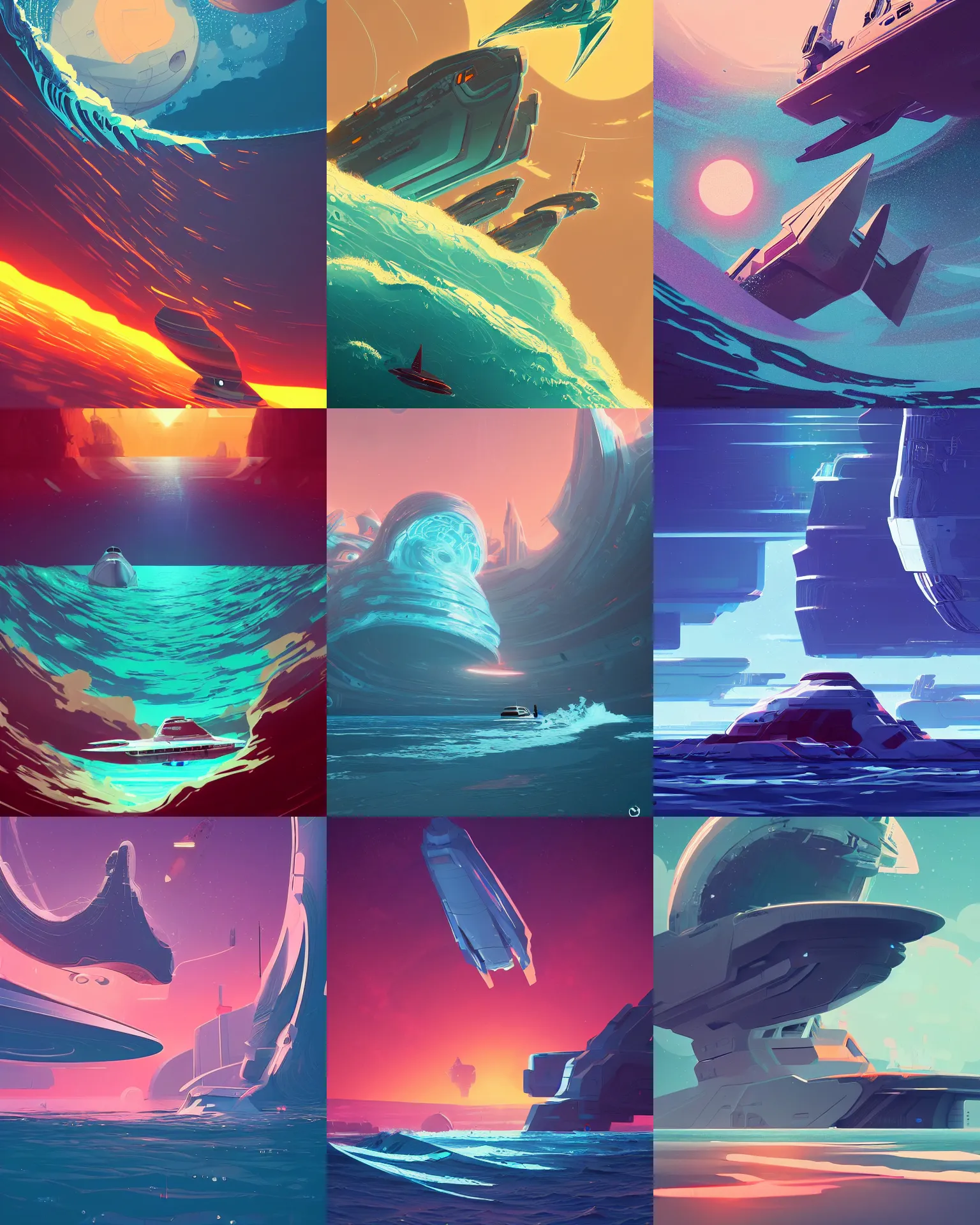 Prompt: An epic digital art of a futuristic spaceship parked on the water surface of an exoplanet where in the background a giant wave is approaching, Artwork by James Gilleard, trending on ArtStation
