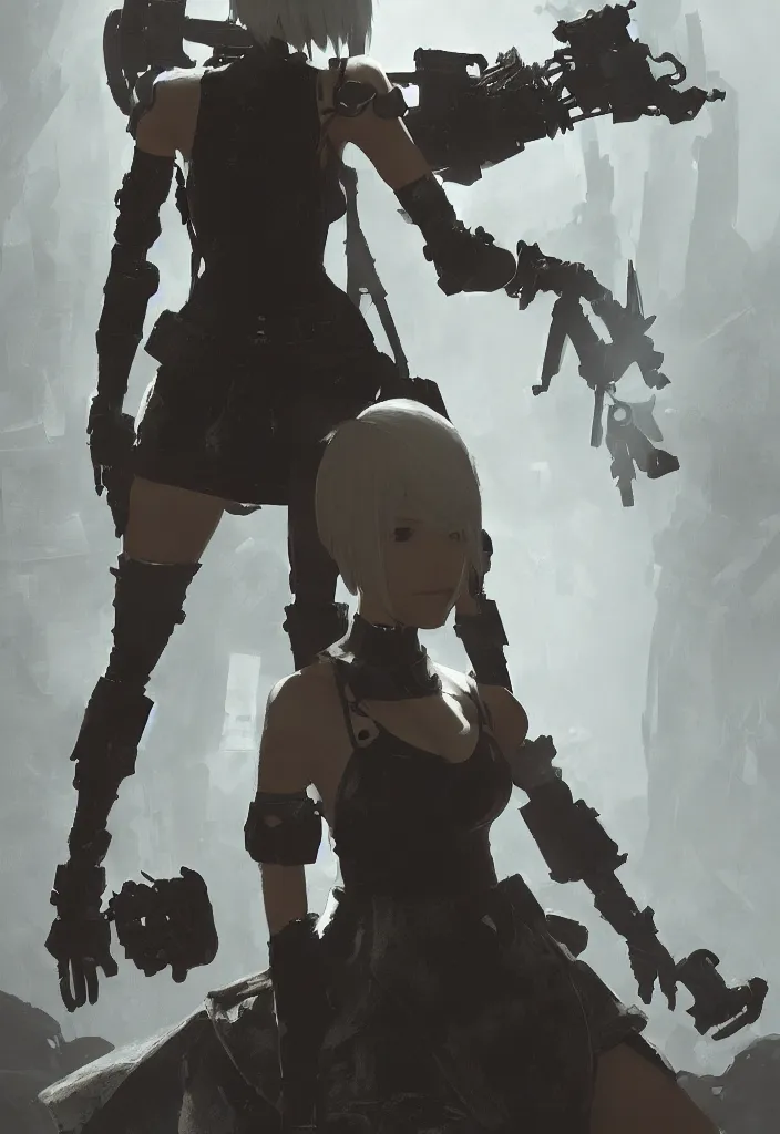 Image similar to an environmental concept art of nier automata, character standing with back to camera, highly detailed, environmental light, strong lighting, cinematic by francis tneh