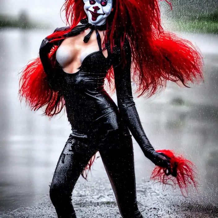 Image similar to fully body pose, photo of a very beautiful!! victoria secret model, pennywise, wet hair, raining, 8 k, hdr, smooth, sharp focus, high resolution, award - winning photo, trending on artstation, dslr, 5 0 mm