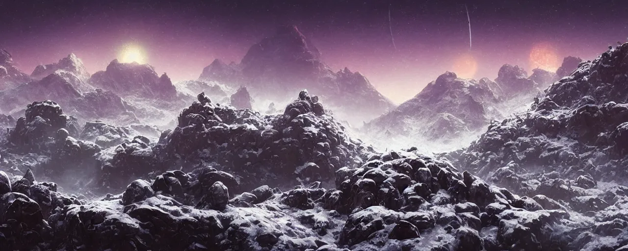 Prompt: ” outer planet with a rugged snow topped mountain range, [ art by paul lehr, cinematic, detailed, epic, widescreen, opening, establishing, mattepainting, photorealistic, realistic textures, octane render ] ”