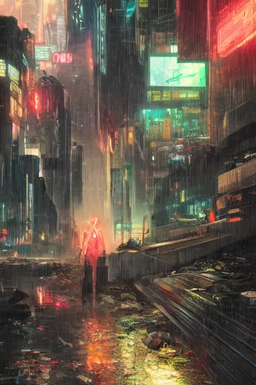 Image similar to an abstract person, vomiting electric waste and trash, blade runner, cyberpunk, lost city, hyper-realistic environment, Epic concept art