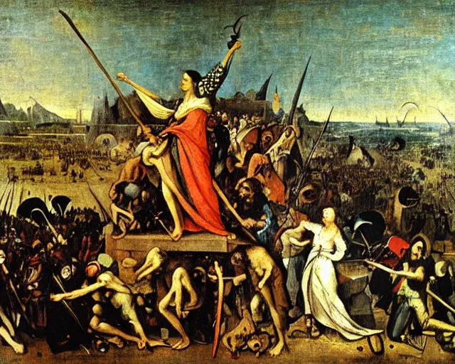 Image similar to Liberty Leading The People By Eugène Delacroix painting by Hieronymus Bosch