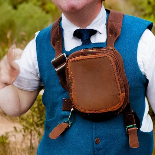 Image similar to close up headshot of a frowning clean shaven pudgy British lad with short curly dark brown hair as a hobbit wearing a white men's crossbody sling chest bag and blue vest, blue vest!! white crossbody chestbag!! high resolution film still, by Sarah Moon