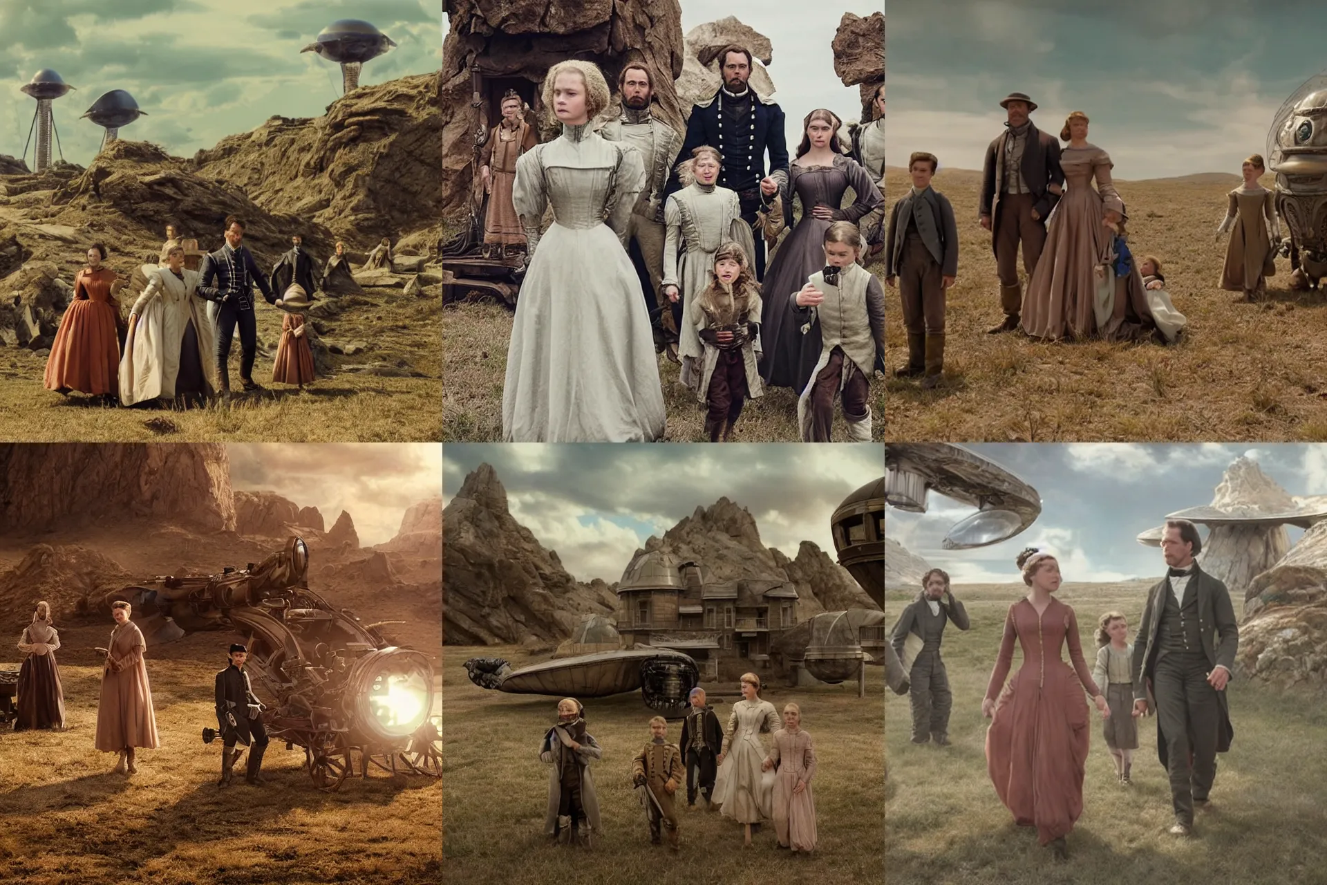 Prompt: film still from a sci fi blockbuster movie made in 2022, set in 1860, of a family leaving a spaceship, that has just landed on an alien planet, wearing 1850s era clothes, good lighting, 4k, HD, in focus and clear faces, oscar winner for best photography