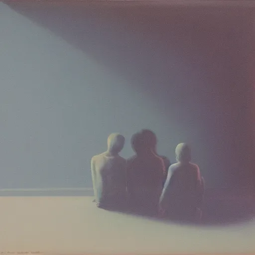 Image similar to a silhouette of two depressed people sitting in the corner of a dark room, oil on canvas