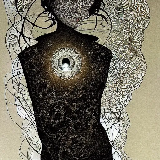 Prompt: looking at the full moon, transparent soul leaving the body, filigree, lace, art by loish, dave mckean