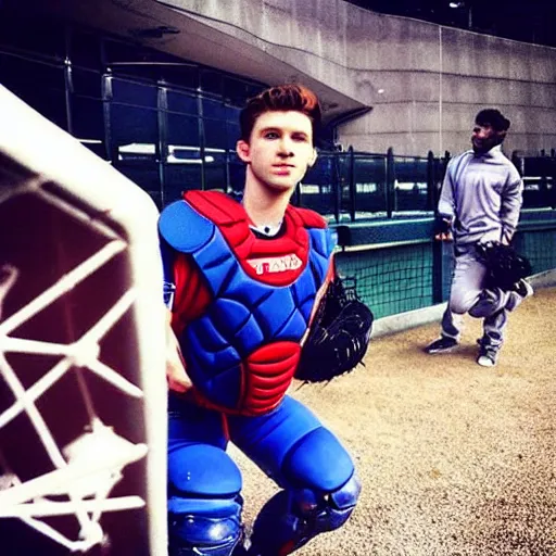 Image similar to “a realistic photo of a guy who is an attractive baseball player man who is part cyborg and part humanoid, who is a robot, Tom Holland”