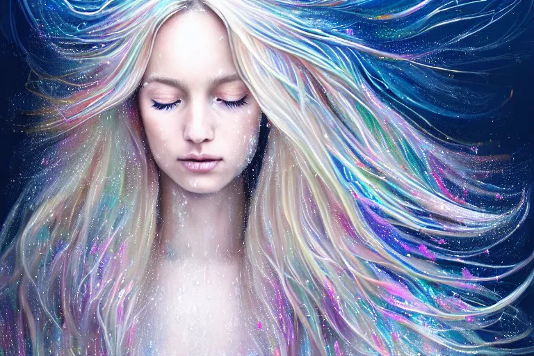 Prompt: highly detailed portrait of a beautiful girl running in snow with wet blonde hair and pale face, swirling wispy tendrils, bright scattered rainbow-colored particles, fantasy, intricate, elegant, dramatic lighting, emotionally evoking symbolic metaphor, highly detailed, lifelike, photorealistic, digital painting, artstation, concept art, smooth, sharp focus, illustration, art by John Collier and Albert Aublet and Krenz Cushart and Artem Demura and Alphonse Mucha