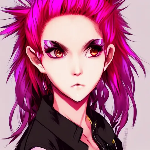 Prompt: full headshot portrait of anime foxgirl with pink mohawk punk, digital art, drawn by WLOP, by Avetetsuya Studios, anime manga panel, trending on artstation, wearing a plaid shirt