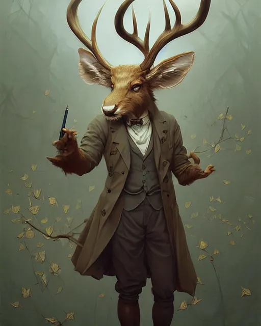 Image similar to anthropomorphic art of a scientist stag, victorian inspired clothing by krenz cushart, artgerm, victo ngai, ryohei hase, artstation. fractal leaves, paper. highly detailed digital painting, smooth, global illumination, fantasy art by greg rutkowsky, karl spitzweg