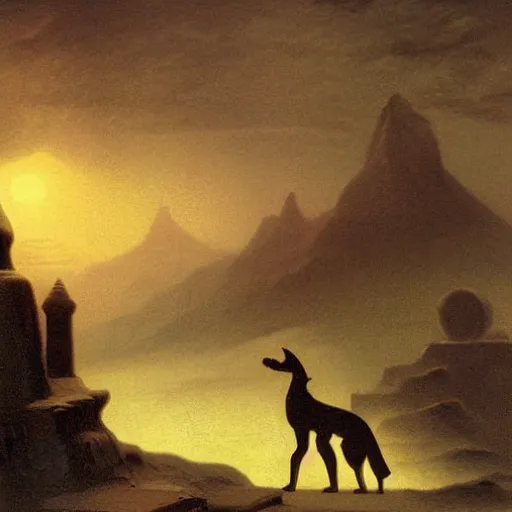 Prompt: Anubis scowling at the viewer, the background a gloomy fog rolling over the plains illustrated by Albert Bierstadt