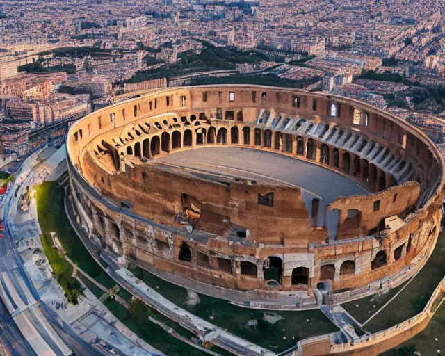 Image similar to A full shot of the roman colosseum redesigned by zaha hadid, overhead view, golden hour, 4K Photograph