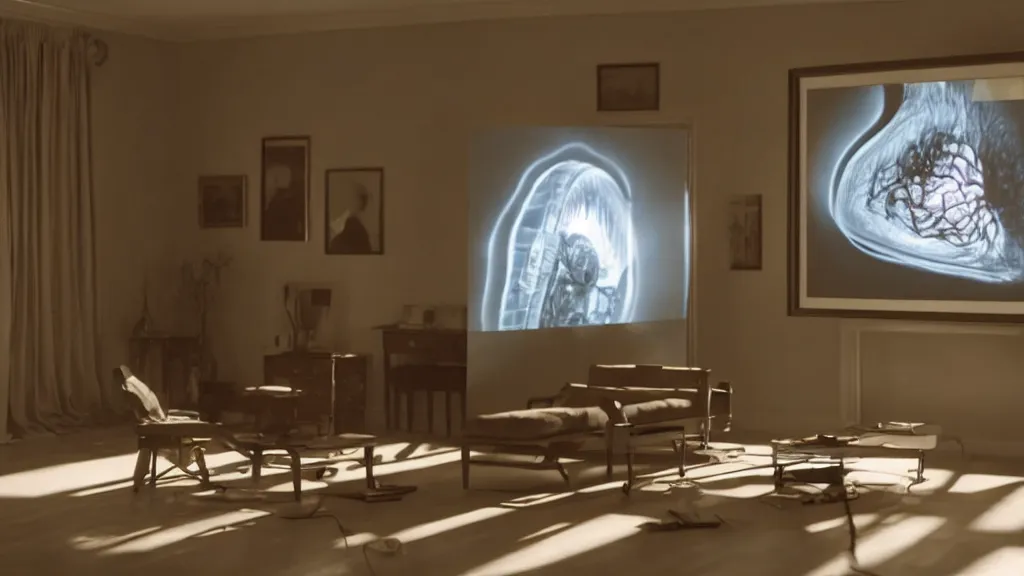 Image similar to an mri image in the living room, film still from the movie directed by denis villeneuve with art direction by salvador dali, wide lens