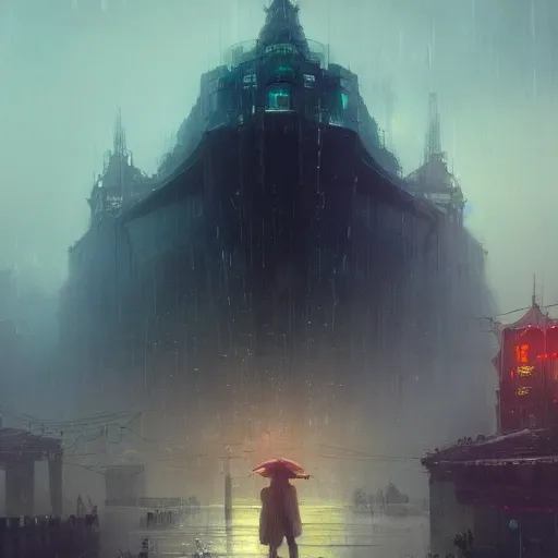 Prompt: epic portrait an cyberpunk city full of puddles and water, cloudy, rain, glowing, huge, broad light, ambient occlusion, volumetric light effect, made by ivan aivazovsky, peter mohrbacher, greg rutkowski, matte painting, trending on artstation, 4 k, perfectly defined features, digital painting,