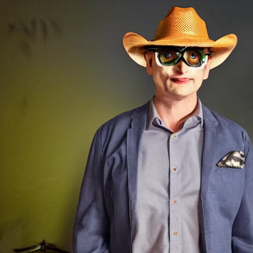 Prompt: Tim Robinson wearing a cowboy hat and eye mask disguise