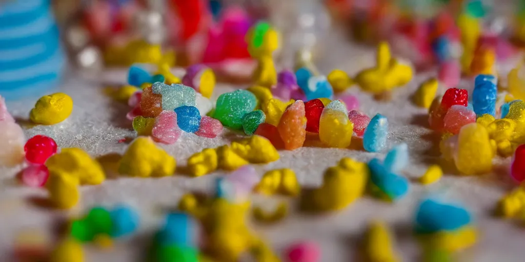 Image similar to a cinematic film still of a claymation stop motion film about a town made of lemons and candy, shallow depth of field, 8 0 mm, f 1. 8