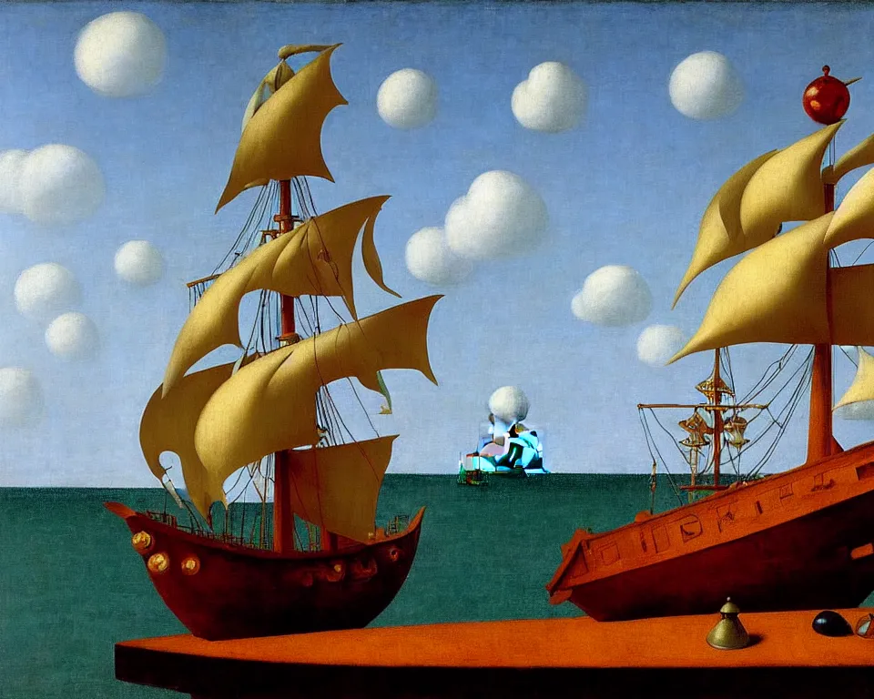 Prompt: a pirate ship in a bottle by raphael, hopper, and rene magritte. detailed, proportional, romantic, enchanting