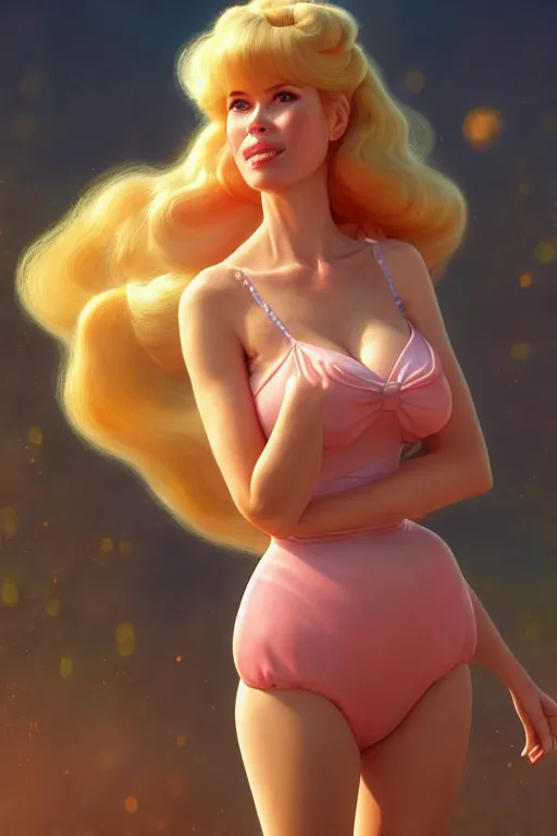 Image similar to polished sweaty princess peach : : claudia schiffer face : : christina hendricks body : : weta disney pixar movie still photo : : hi - fructose, sci fi, fantasy, decadent highly - detailed digital painting, golden ratio, octane render, artstation, smooth, sharp focus, artgerm, mucha, loish, wlop : :