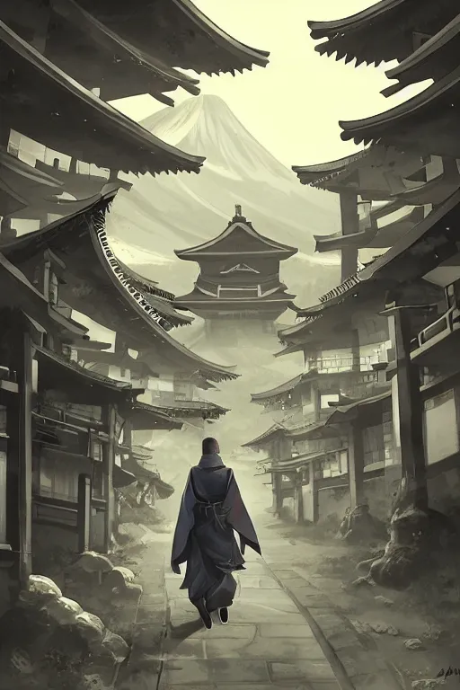Image similar to ninja in a futuristic japanese village, trending on artstation, digital art,