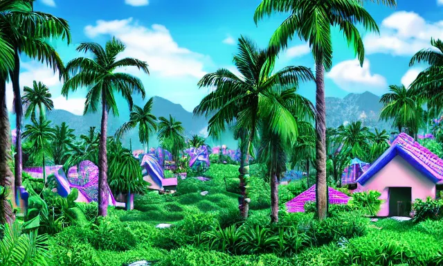 Image similar to village in a vaporwave jungle, 4k, ultra realistic, award winning Photograph