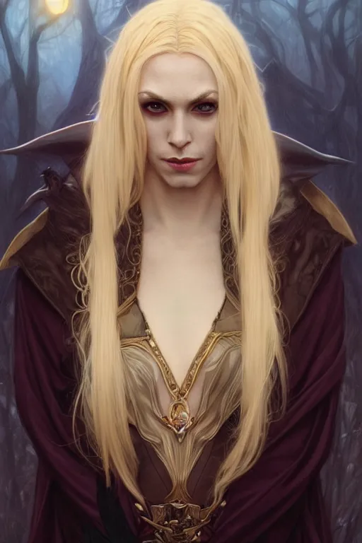 Prompt: portrait of a blonde vampire elven mage, dark, piercing eyes, gentle expression, elegant clothing, photorealistic, highly detailed, artstation, smooth, sharp focus, art by michael whelan, artgerm, greg rutkowski and alphonse mucha