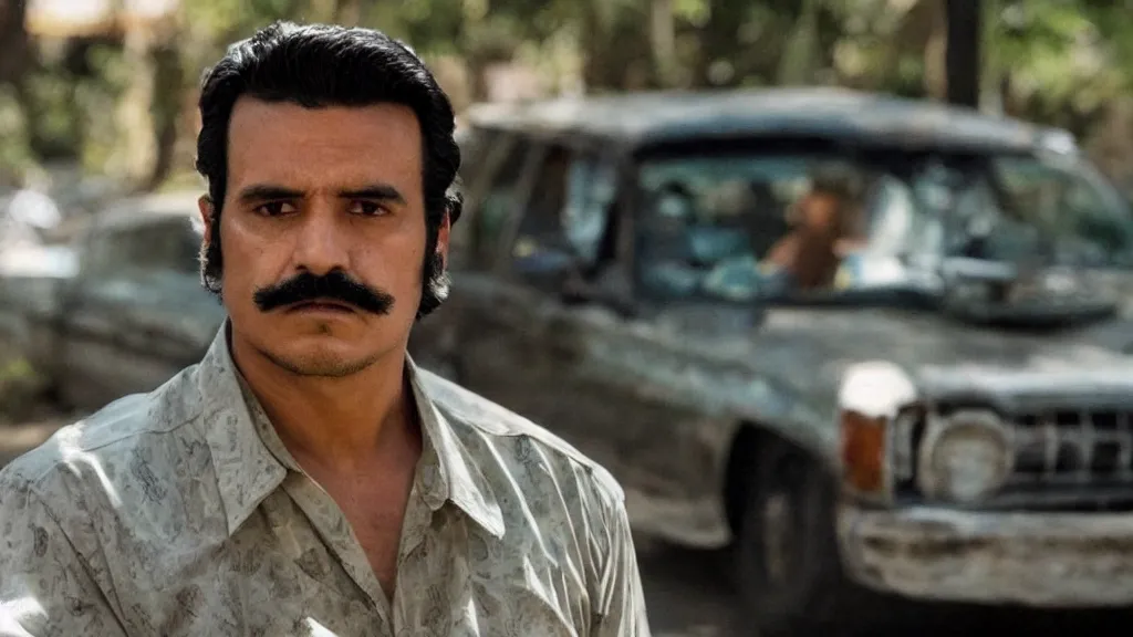 Image similar to A still of El Mencho from the Narcos: Mexico TV show, yellow lighting
