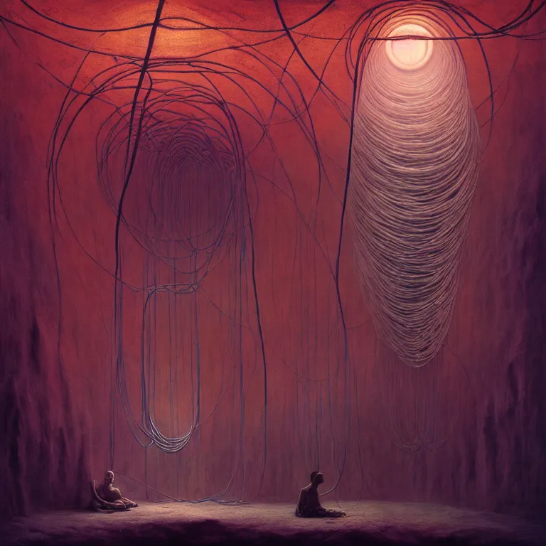 Image similar to beautiful man in spaceship interior covered with tubes wires by beksinski, soft bloom glow lucid dream - like atmosphere, baroque painting, perfect composition, detailed octane render trending on artstation, 8 k artistic photography, volumetric cinematic perfect light, chiaroscuro, masterpiece, raphael, caravaggio, beksinski, rutkowski, beeple