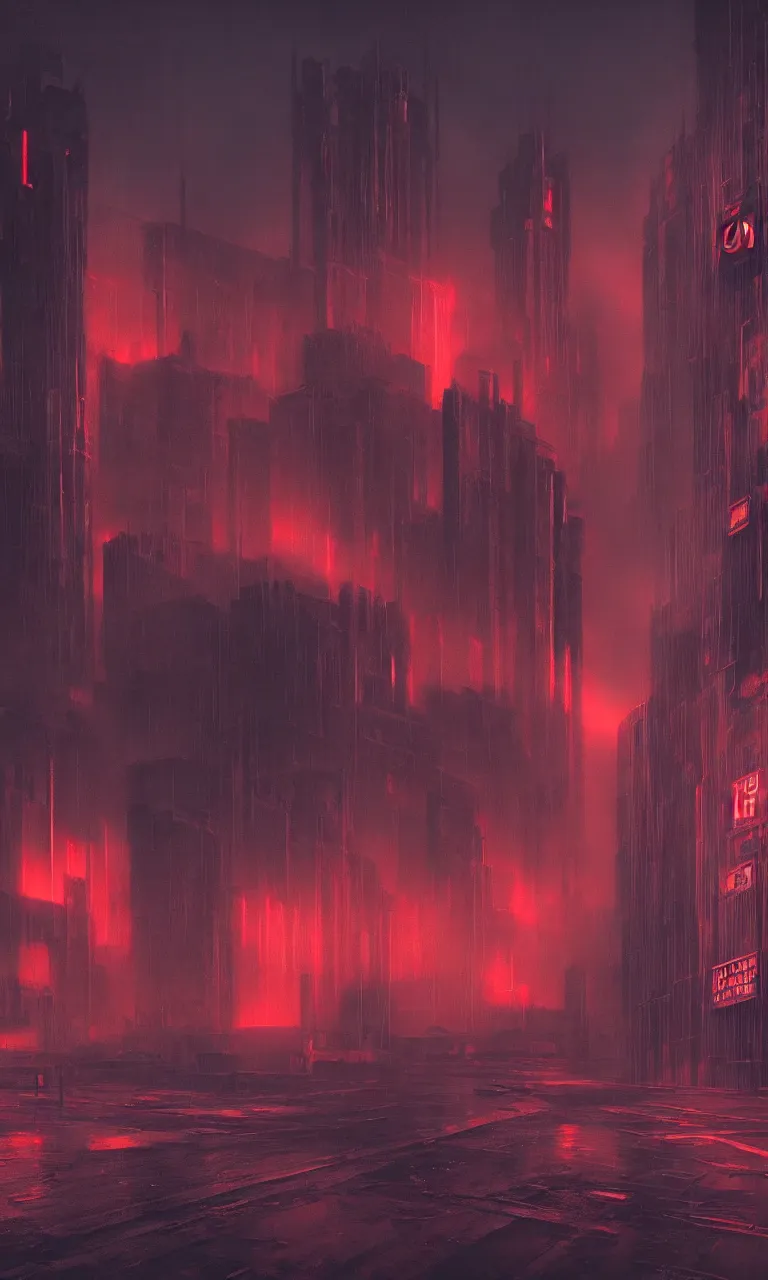Prompt: Matte painting of dark brutalist cyberpunk cathedral with red neon signs, abandoned streets, cityscape, dark sky, hyper realism, fog, 8k, trending on artstation