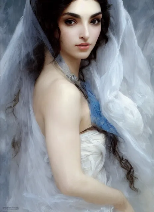 Image similar to Ameera al-Taweel, crystal blue eyes, wavy black hair, tanned skin, white veil, intricate, elegant, highly detailed, artstation, concept art, sharp focus, ruan jia, jurgens, orientalism, bouguereau