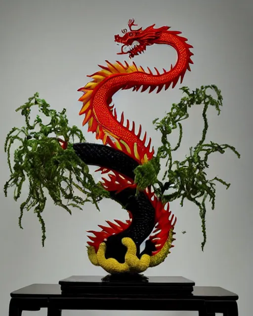 Prompt: Photograph of a Award-winning ikebana flower arrangement designed into the shape of a Chinese Dragon