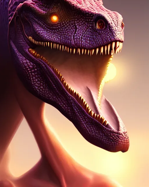 Image similar to sensual dinosaur, glam, fae, glowing skin, intricate, elegant, highly detailed, digital painting, artstation, concept art, smooth, sharp focus, illustration, art by artgerm and greg rutkowski and fra angelico and unreal engine 5