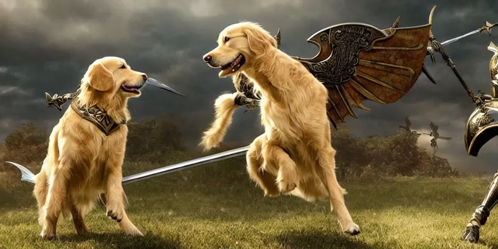 Image similar to golden retriever in medieval armor with wings and sword epic battle, photorealistic ultra detail quality shot from michael bay movie