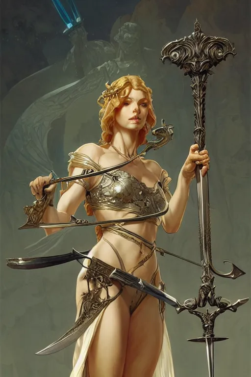 Prompt: blind lady justice holding scale and sword, fantasy, intricate, elegant, highly detailed, digital painting, artstation, concept art, matte, sharp focus, illustration, art by artgerm and greg rutkowski and alphonse mucha