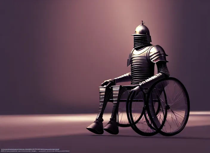 Image similar to knight in armor in a wheelchair do tricks, minsk, highly detailed, soft lighting, elegant, works by edward hopper and james gillard, zdislaw beksinski, stephen outram, andreas m wiese, highly detailed, masterpiece. rendered in blender, smooth shadows, ultra detail, high resolution, unreal 6, 8 k