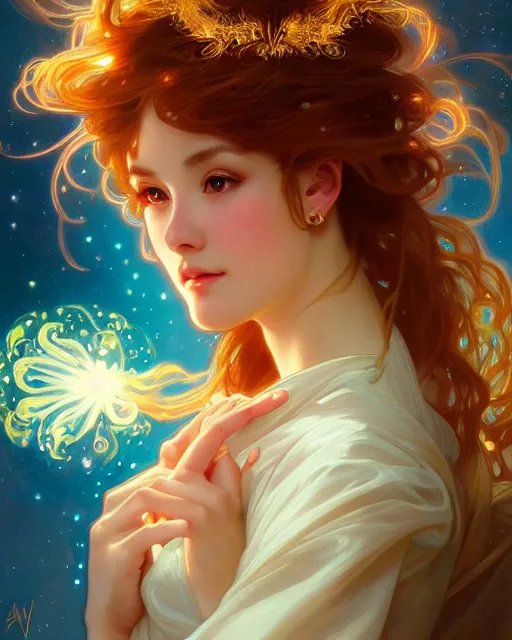 Image similar to portrait of a cosmic auburn goddess, radiant halo of light, glimmering sparkles, fantasy portrait by wlop and artgerm, artstation, alphonse mucha