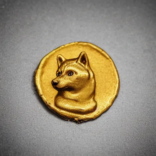 Image similar to an ancient roman gold coin with the face of a shiba inu, close up photo, ultra realistic, studio photo, bokeh.