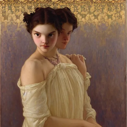 Prompt: a realistic face portrait of a teenage girl who looks lie Uma Thurmond and Anya Taylor Joy with an anxious expression and parted lips, wearing a nightgown, by Frederic Leighton, Alphonse Mucha, Edward Burne Jones