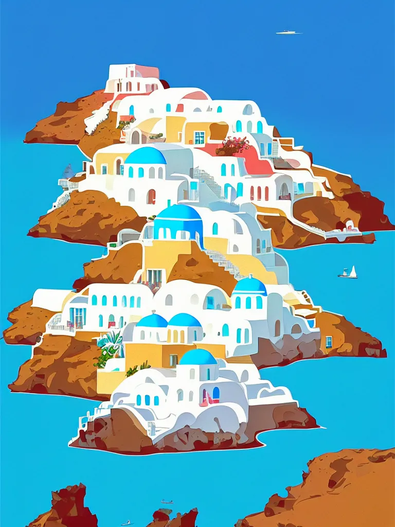 Image similar to a travel poster illustration depicting a house in santorini with an ocean view, vintage style, white architecture, digital painting, vector art, trending on artstration, by anton fadeev, by alena aenami