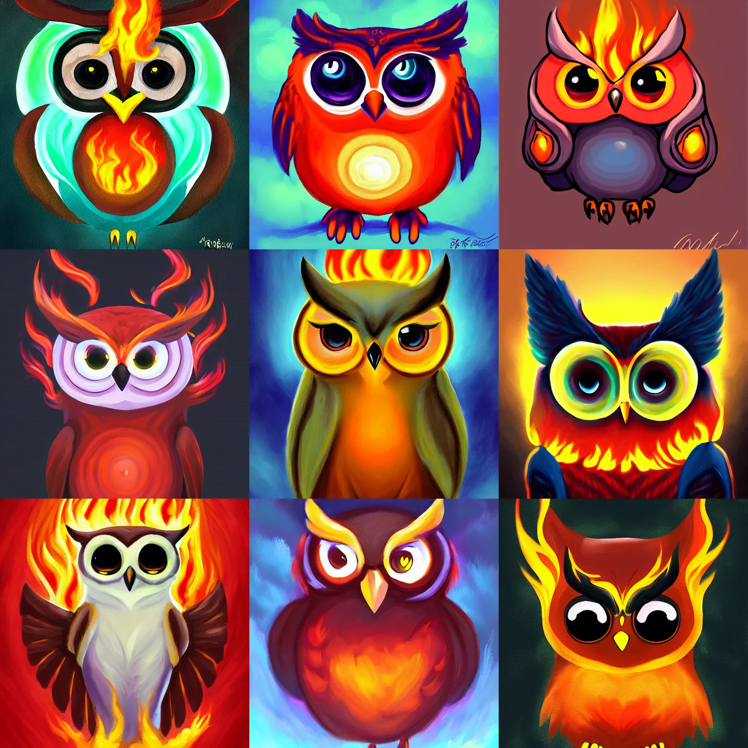 Prompt: full shot,a painting of cute owl Pokémon with big eyes made of flame,Digital art