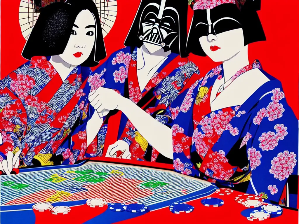 Image similar to hyperrealistic composition of the detailed woman in a japanese kimono sitting at a extremely detailed poker table with detailed darth vader, fireworks, mount fuji on the background, pop - art style, jacky tsai style, andy warhol style, acrylic on canvas