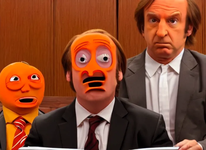 Prompt: saul goodman defending the annoying orange in court, high quality, 4k, television stil